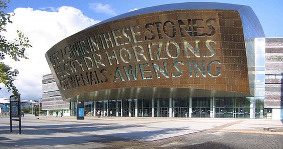 Cardiff Bay waterfront showing the Senedd, Wales Millennium Centre and modern apartment buildings
