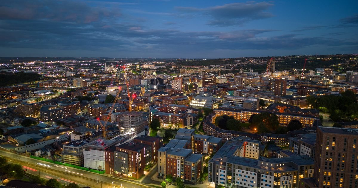 Sheffield city centre showing modern buildings and the Peace Gardens with water features